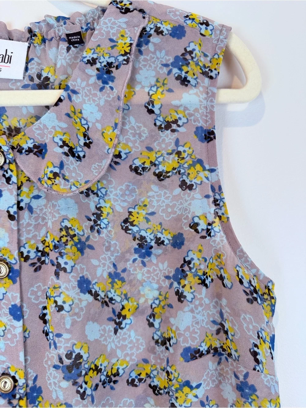 CAbi Yellow and Blue Floral Sleeveless Button-Front Blouse Size Small